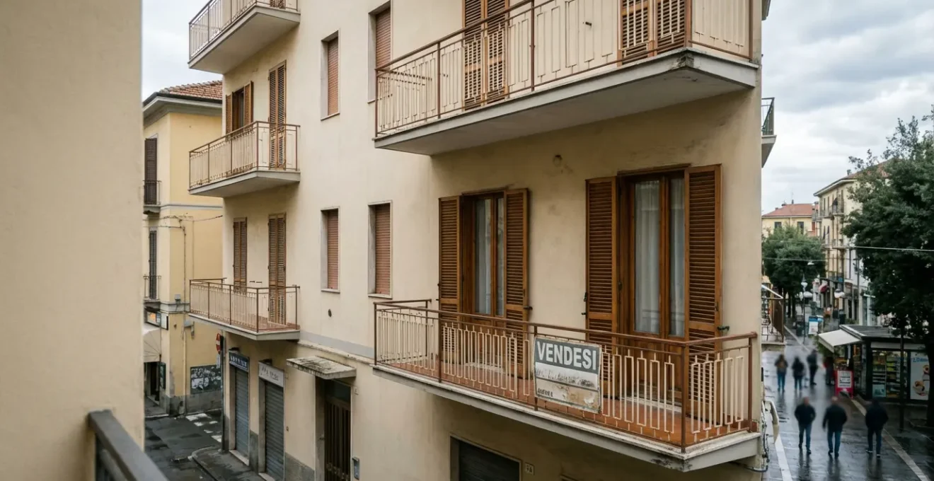 Facciata edificio residenziale italiano con cartello vendesi agenzia immobiliare