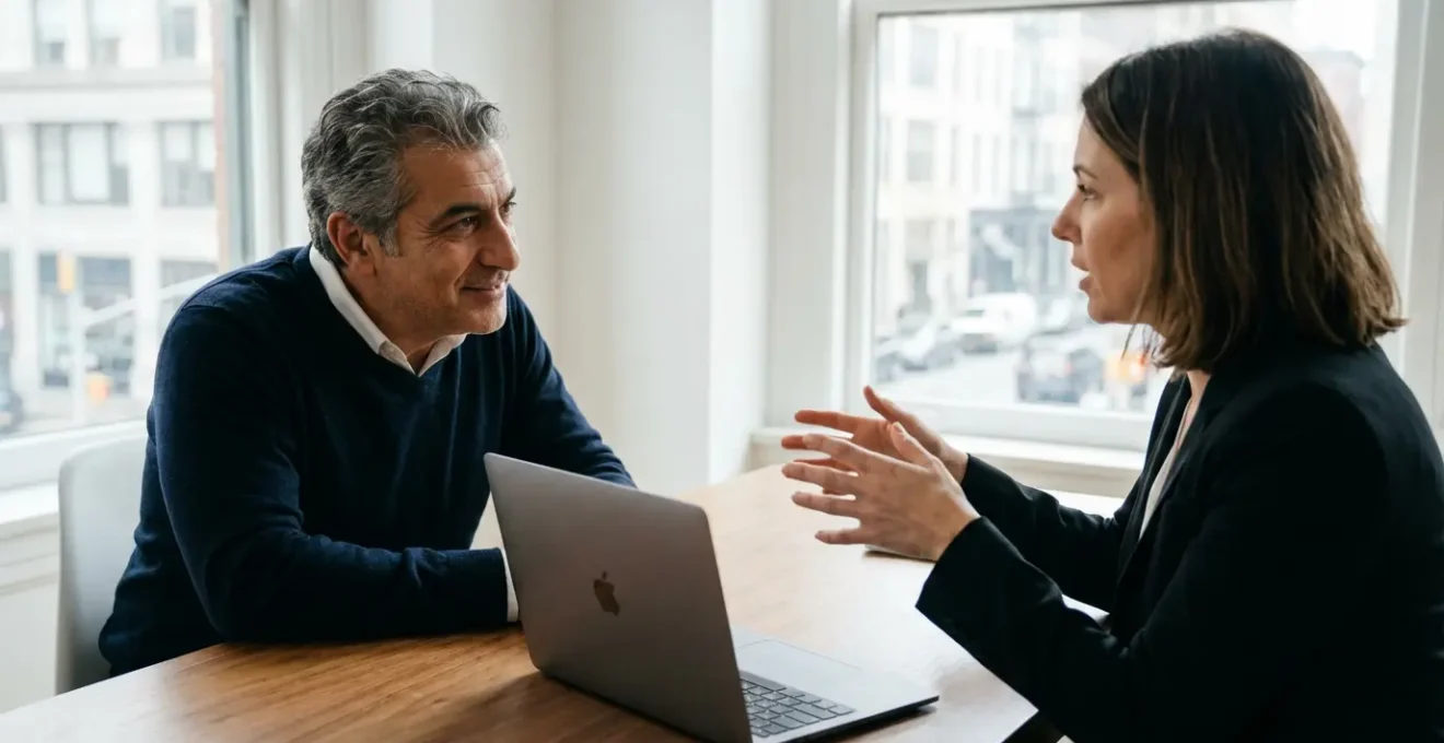 Incontro tra venditore italiano e agente immobiliare donna in ufficio luminoso