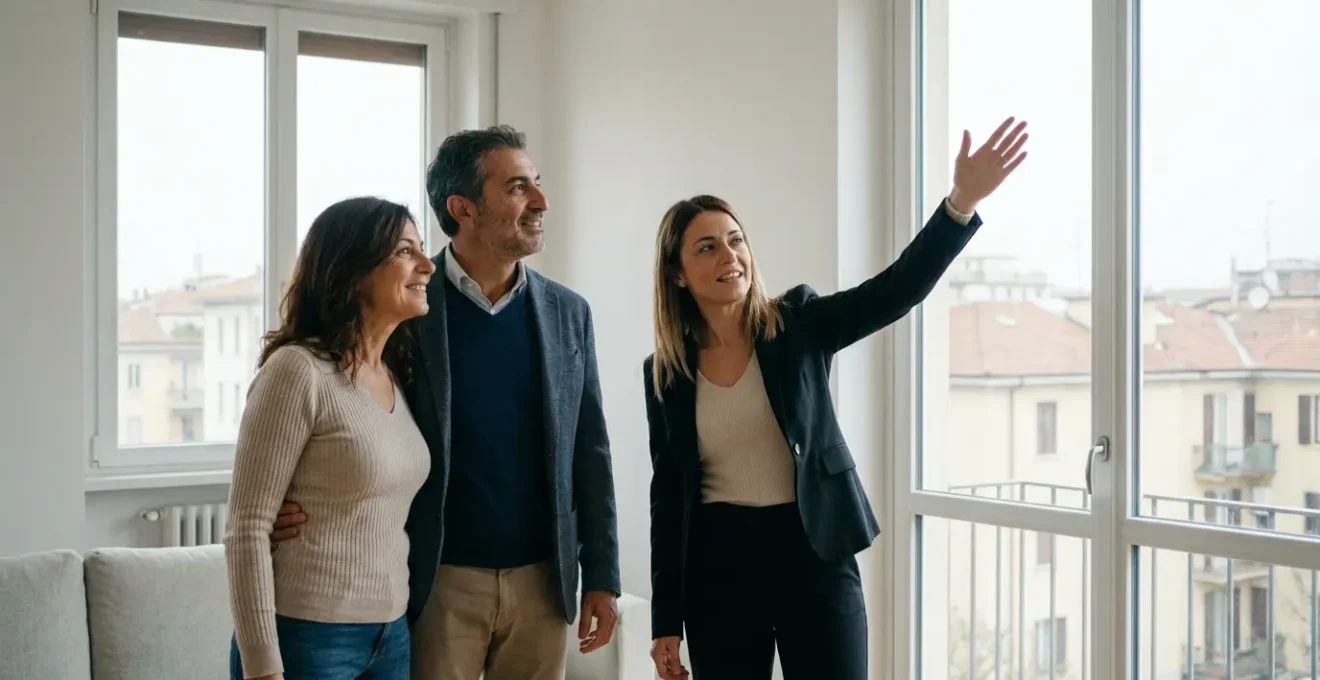 Coppia italiana che visita appartamento con agente immobiliare durante valutazione