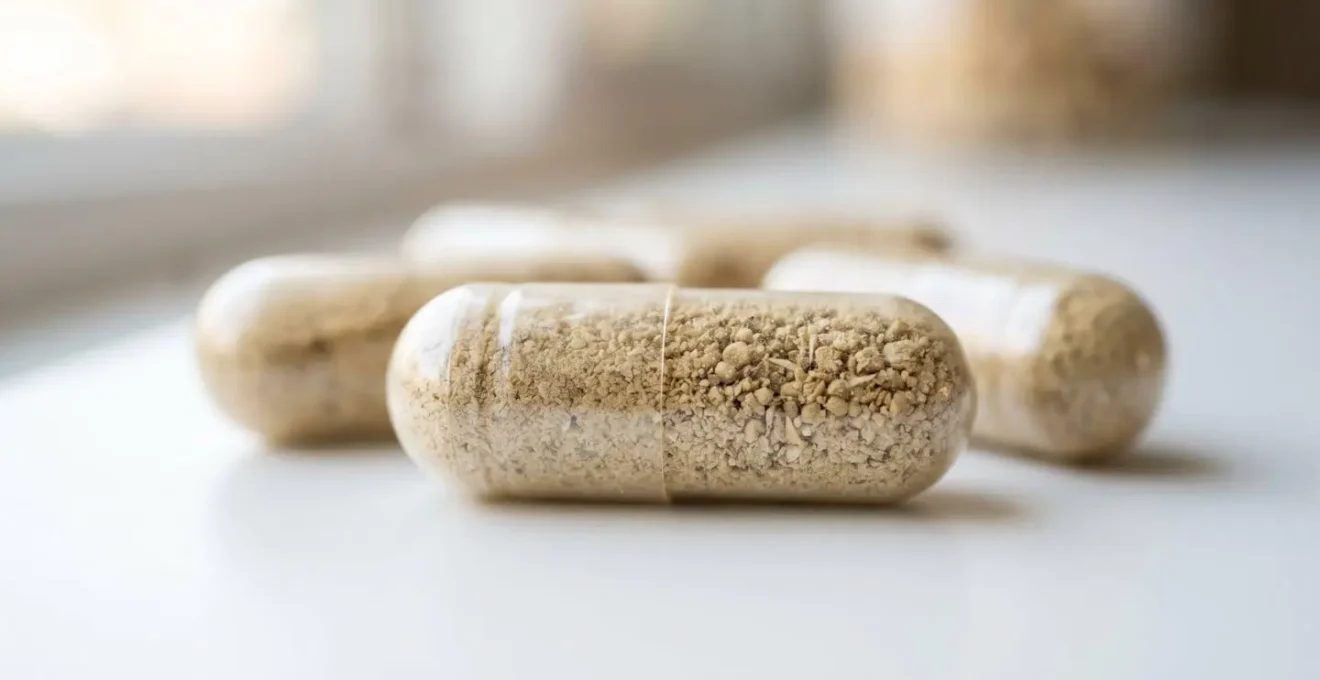 Primo piano ravvicinato di capsule trasparenti contenenti polvere beige su superficie bianca pulita