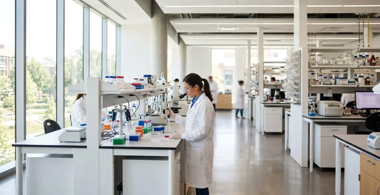 Ampio ambiente di laboratorio scientifico contemporaneo con banconi puliti e strumentazione di ricerca sfocata in background