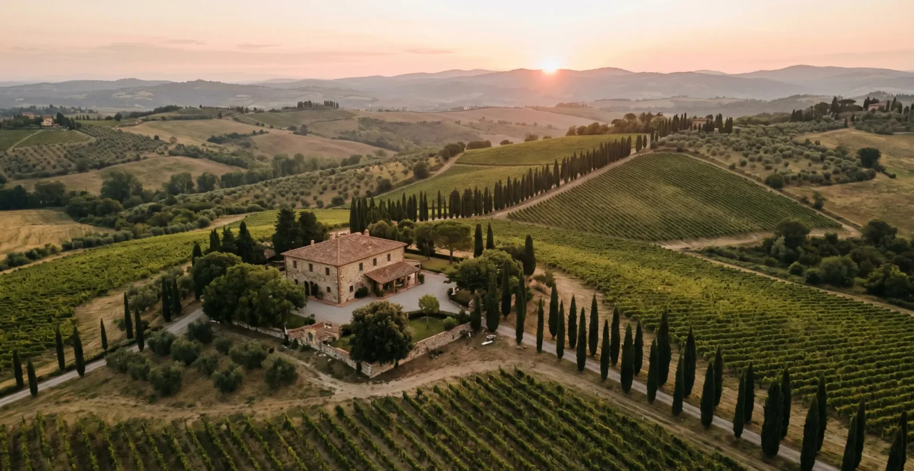 Vista aerea alba colline toscane con villa storica restaurata tra cipressi e vigneti geometrici