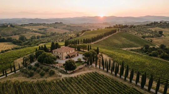 Vista aerea alba colline toscane con villa storica restaurata tra cipressi e vigneti geometrici
